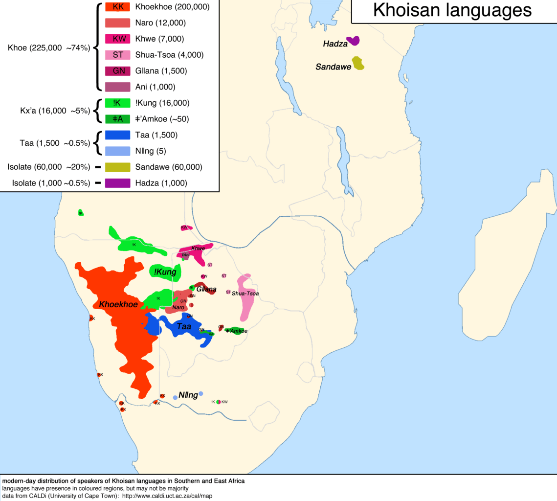 Verbreitungsgebiet und Sprecherzahl der Khoisansprachen Verbreitungsgebiet und Sprecherzahl der Khoisansprachen